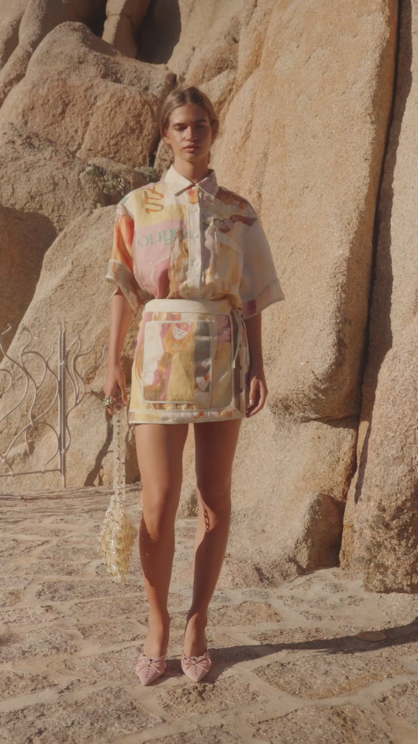 La Dolce Vita Collared Buton Up Top - Fiorire Rosa Orange, Pink