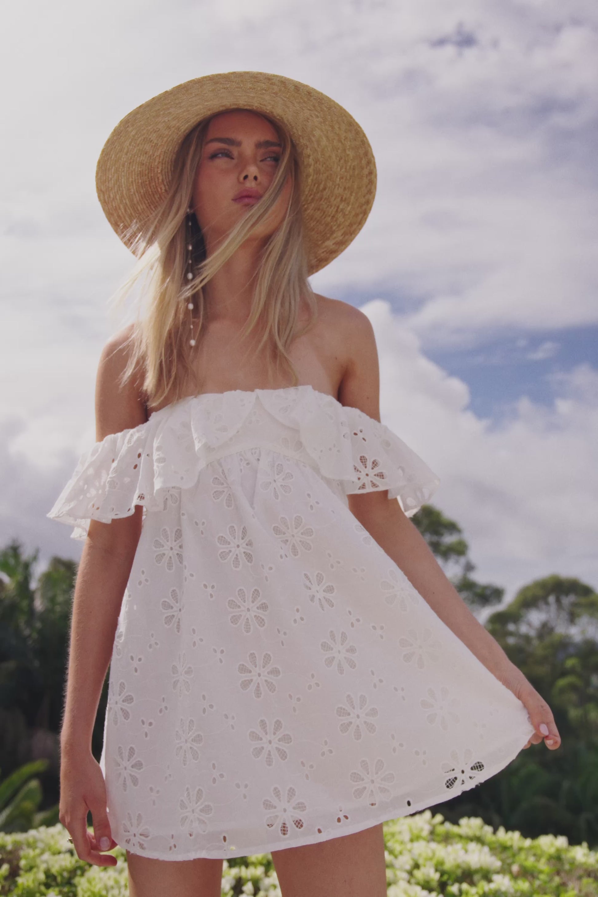 Bridal White Broderie Off Shoulder Mini Laora Dress
