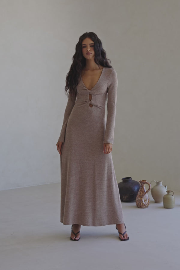 Tan Long Sleeve Cut Out V Neck Maxi Belora Dress