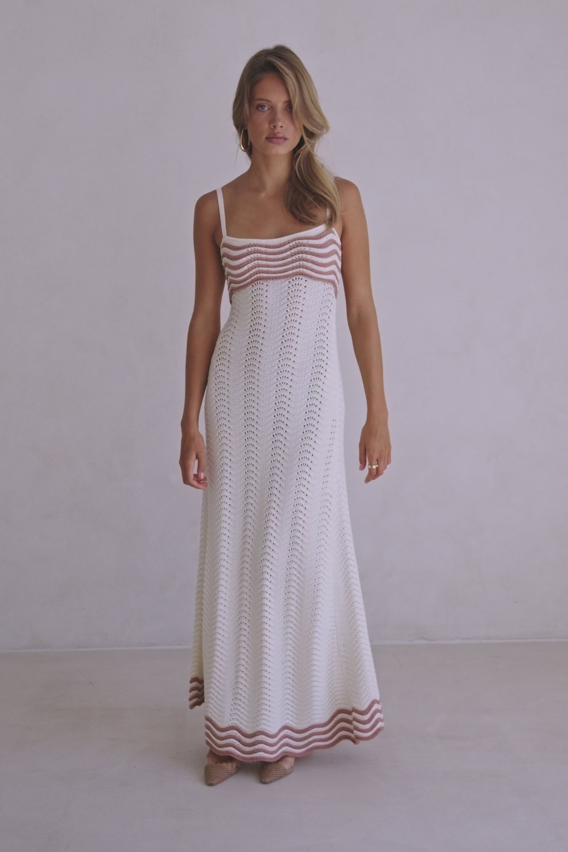 Cream Wavy Cotton Knit Maxi Cielo Dress