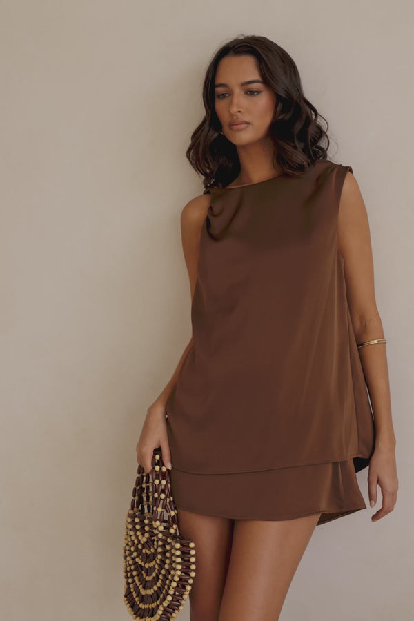 Chocolate Brown Silk Asymmetrical Mini Genoa Dress