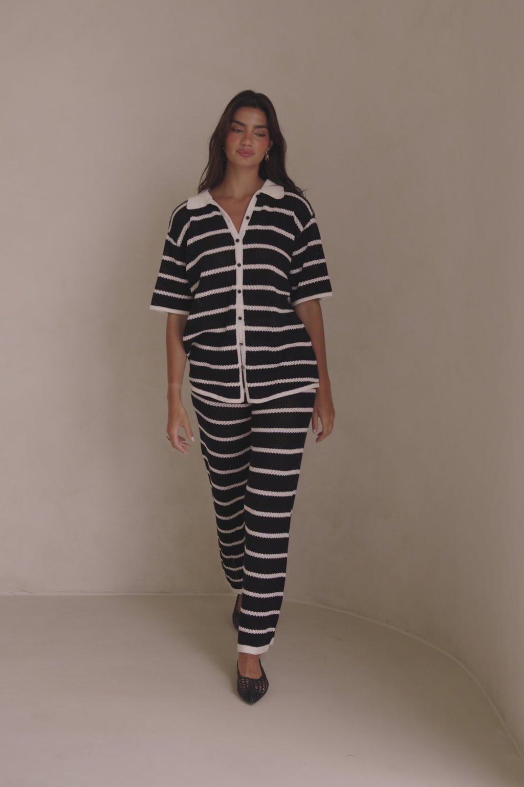 Black And White Stripe Knit Button Up Collar Mia Top