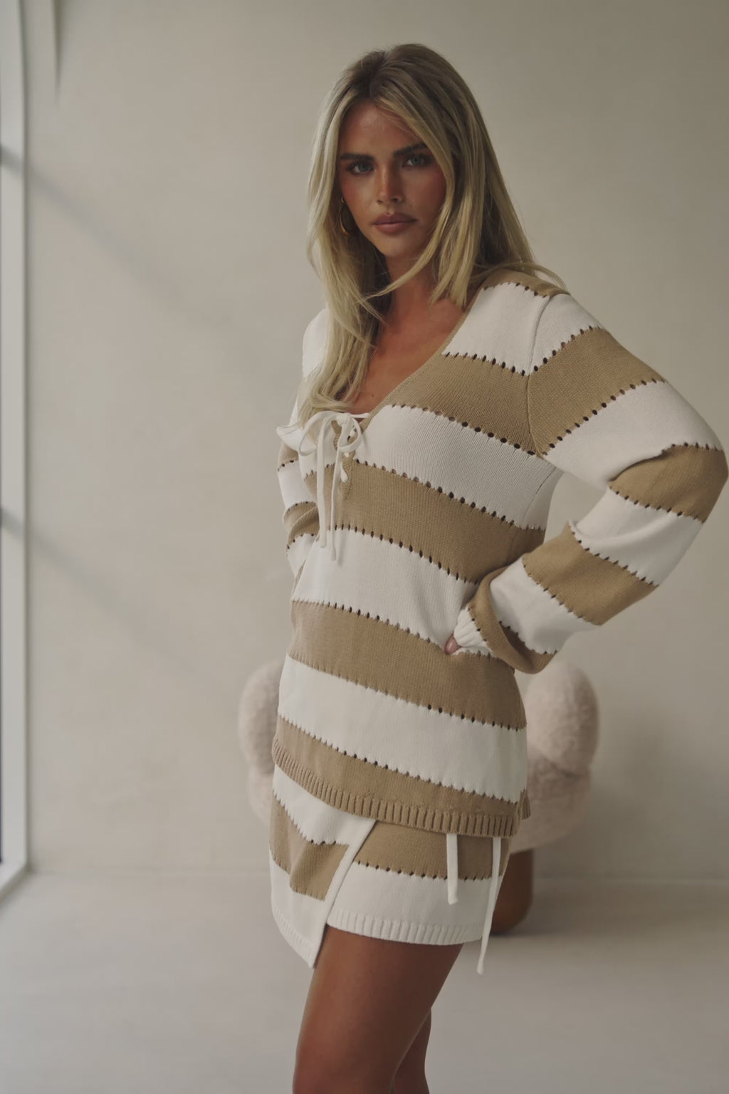 Tan and White Striped Knit Long Sleeve Akora Top