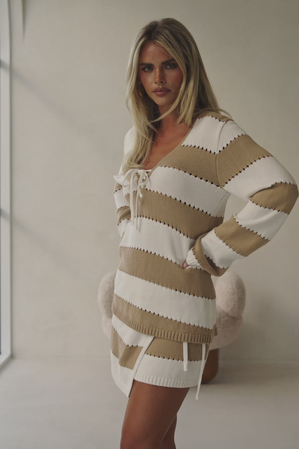 Tan and White Striped Knit Long Sleeve Akora Top