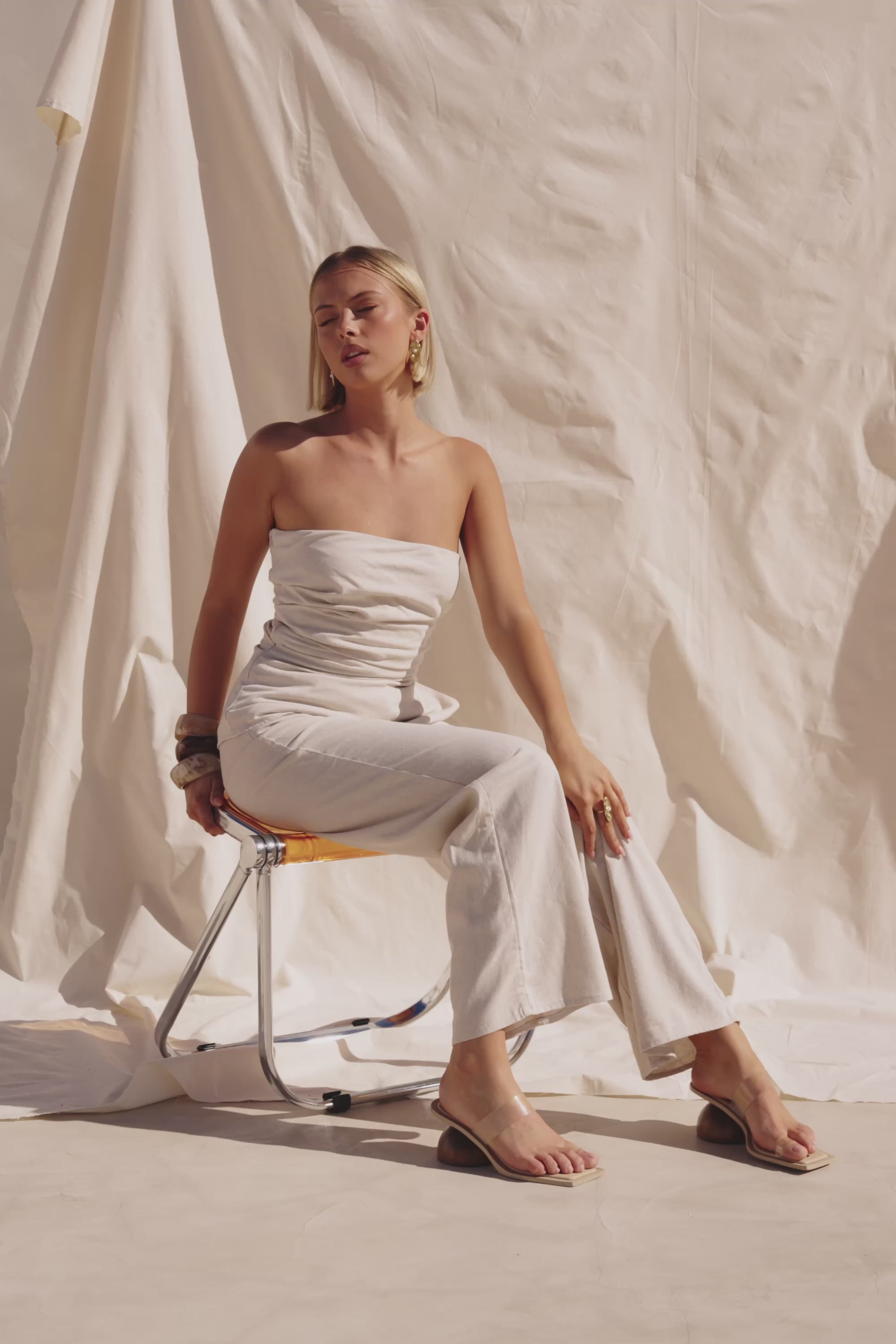 Beige Linen Blend Strapless Gathered Isa Top