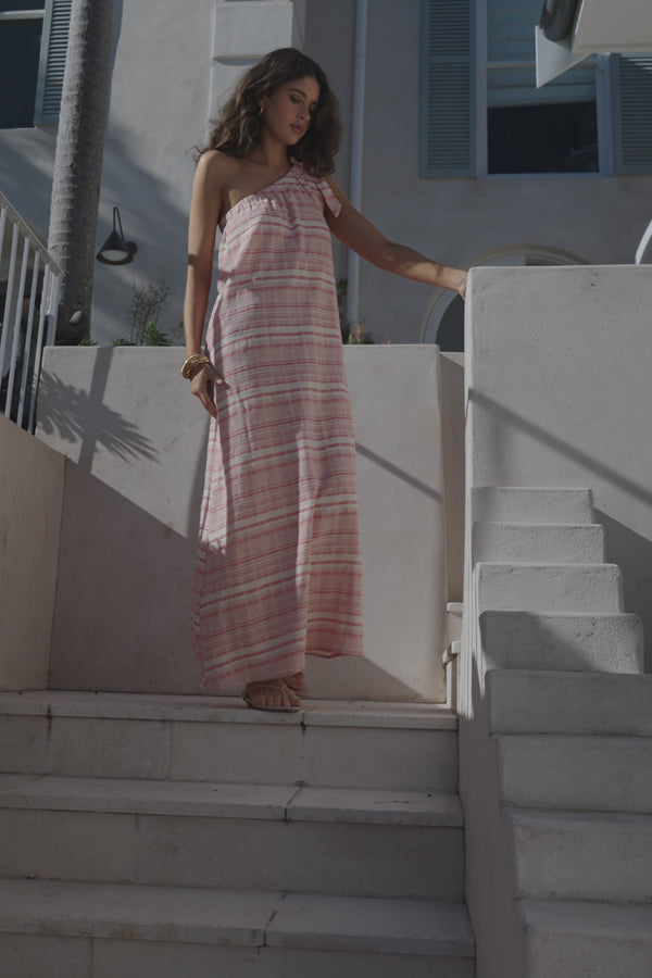 Pink And White Stripe One Shoulder Navi Maxi Dress