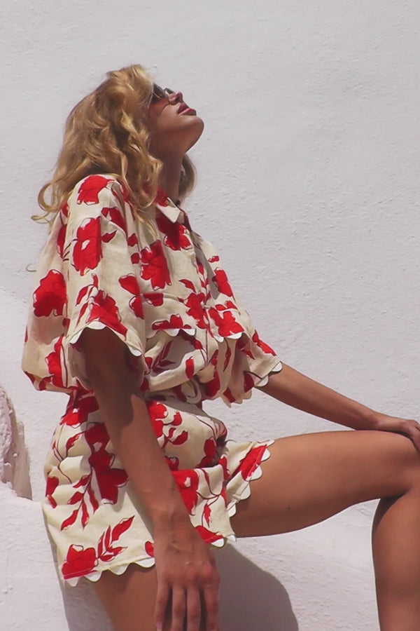 Cream Blooming Red Floral Belted Arlette Shorts