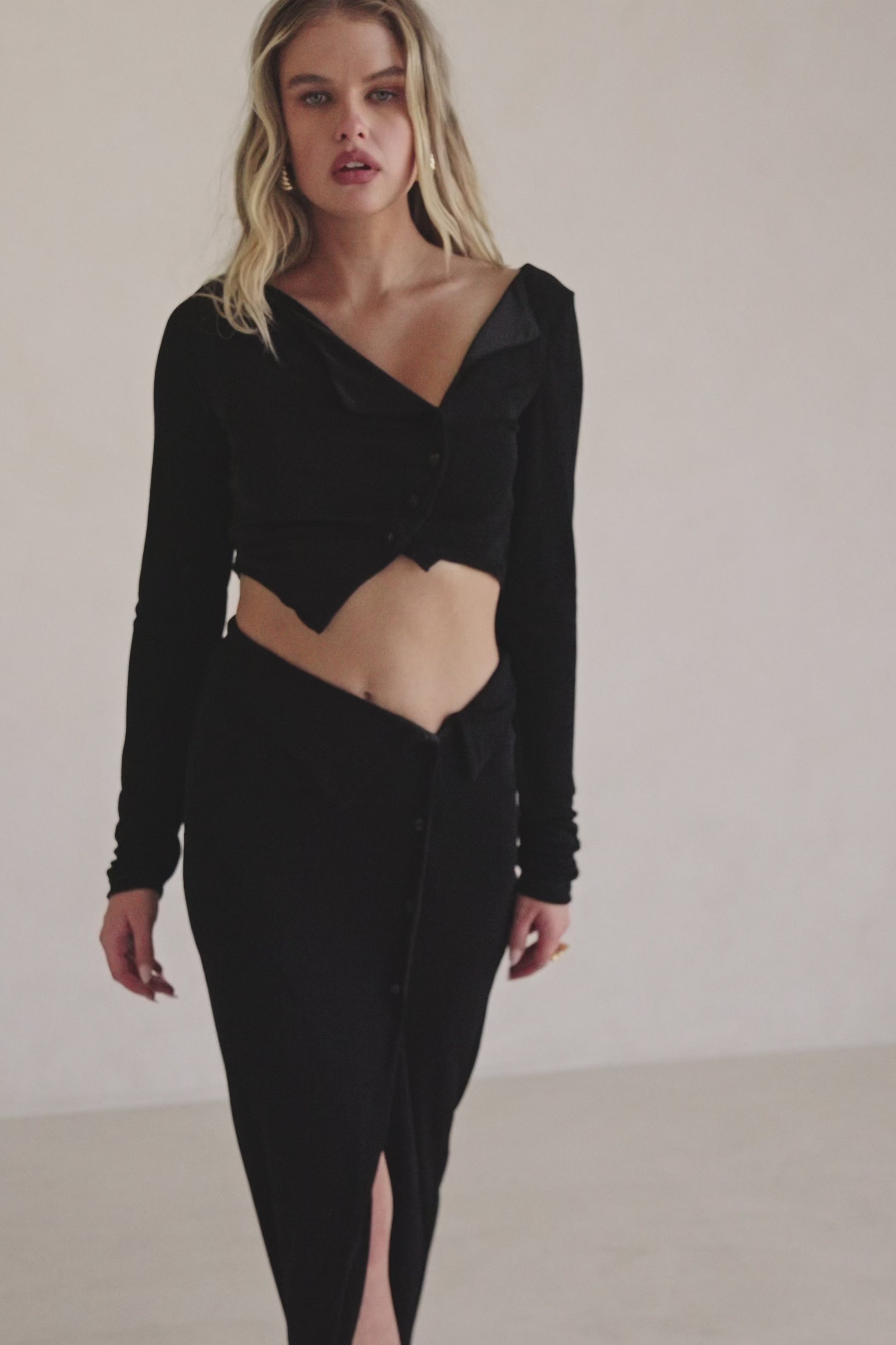 Black Button Slit Maxi Indi Skirt