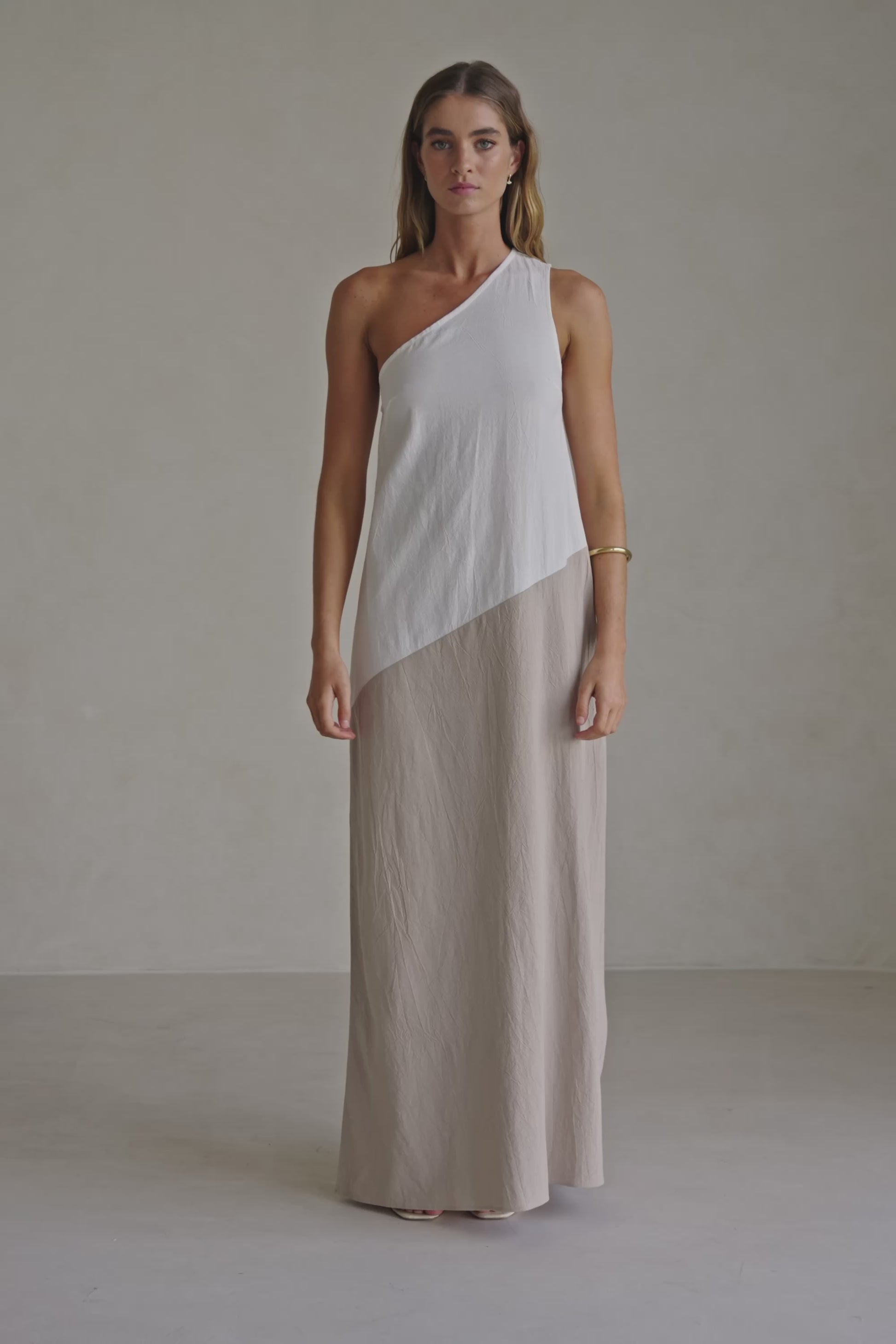 Beige White Two Tone One Shoulder Maxi Ellita Dress