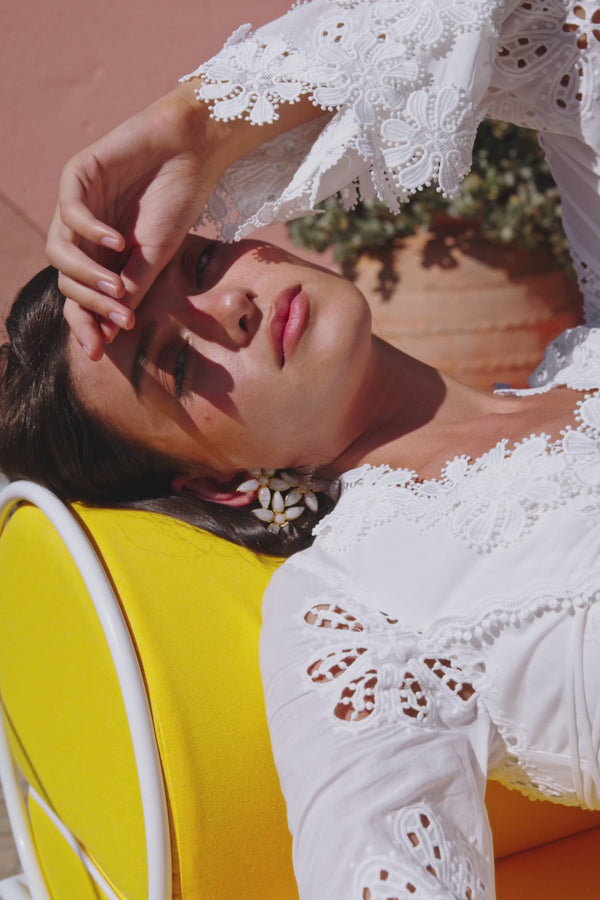 Simona Long Sleeve Embroidered Front Tie Mini Dress - Stella Marina Print - White