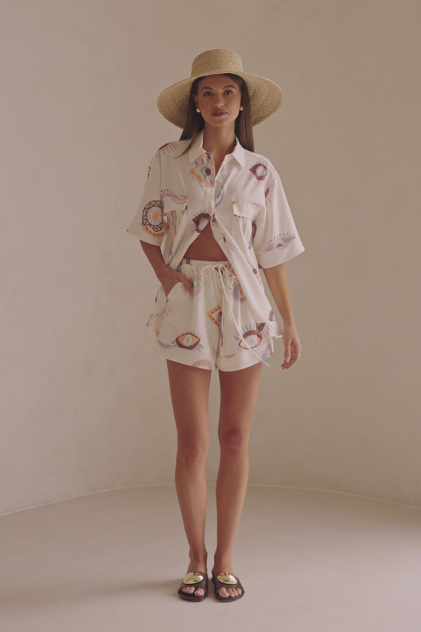 Cream Matia Print Button Up Marika Top