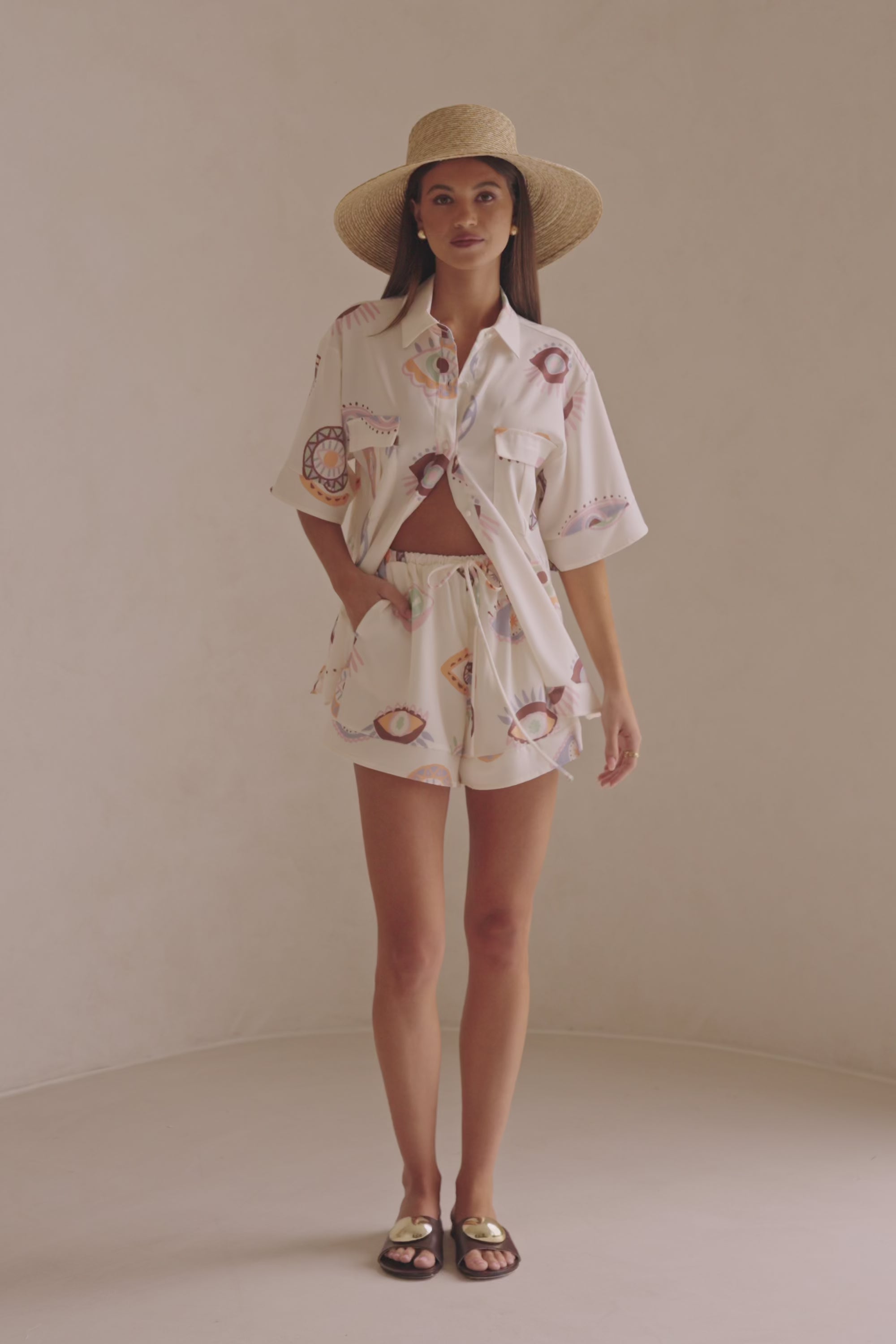 Cream Matia Print Button Up Marika Top