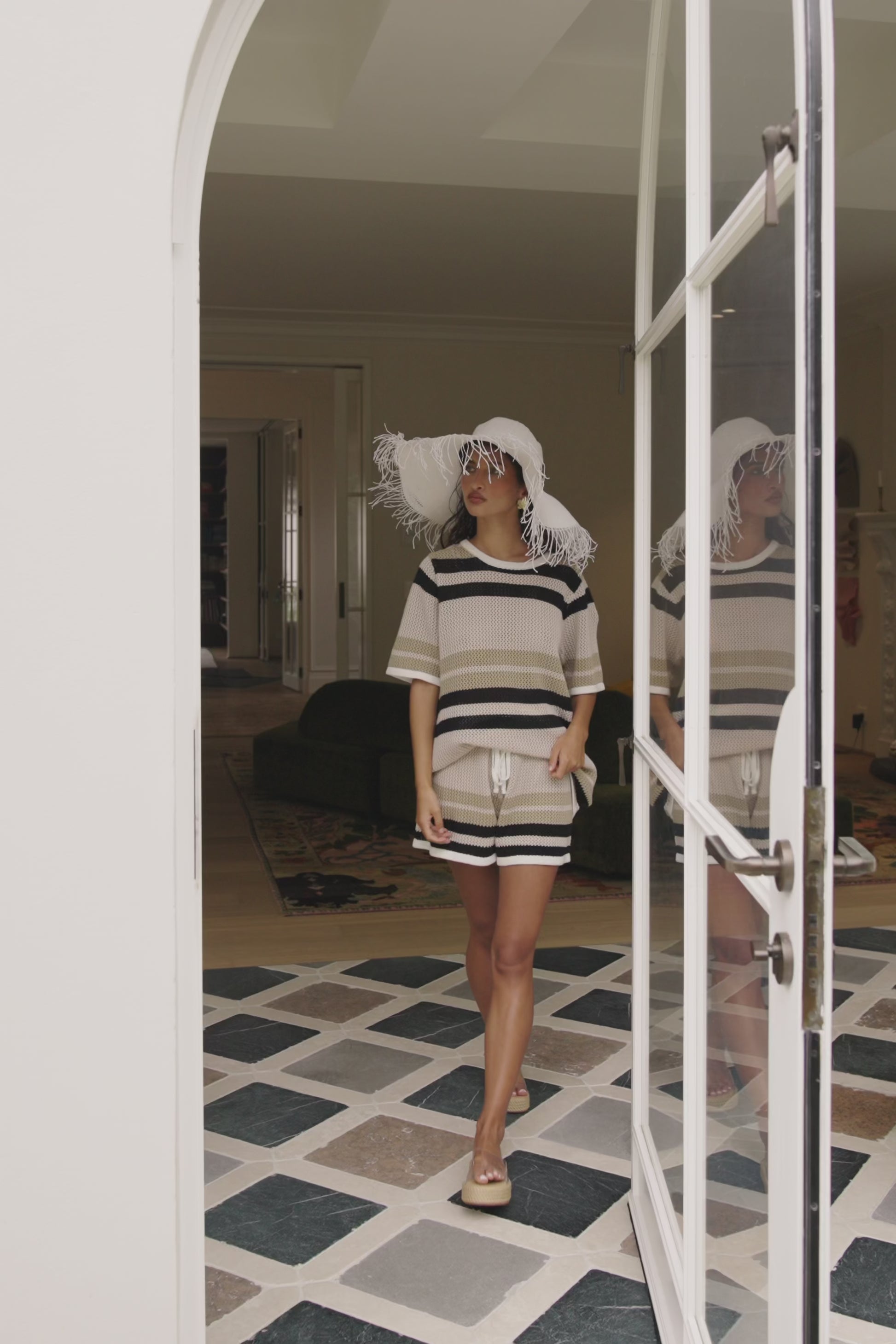 Quinn Elasticated Tie Front Stripe Shorts - Tan, Beige, Black Stripe