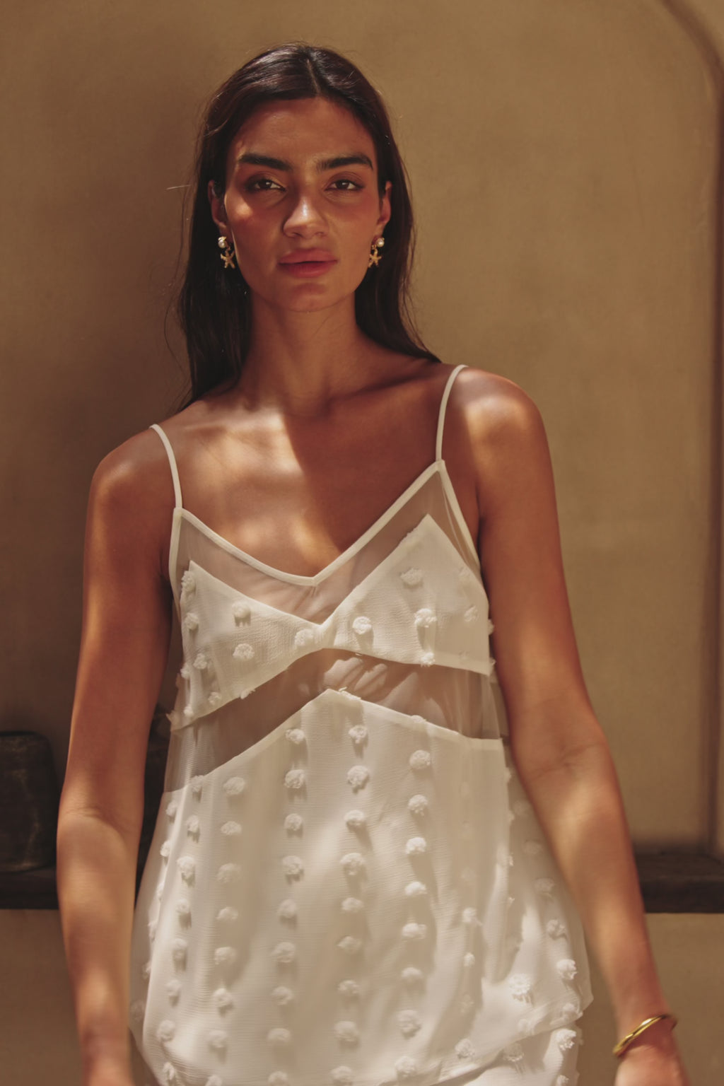 White Textured Spots Strappy Panelled Jacerra Top