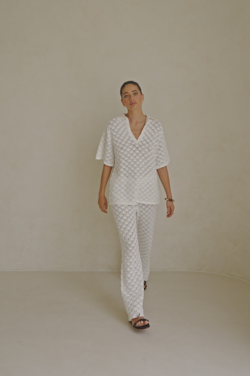 White Knit V Neck Collar Short Sleeve Aya Top