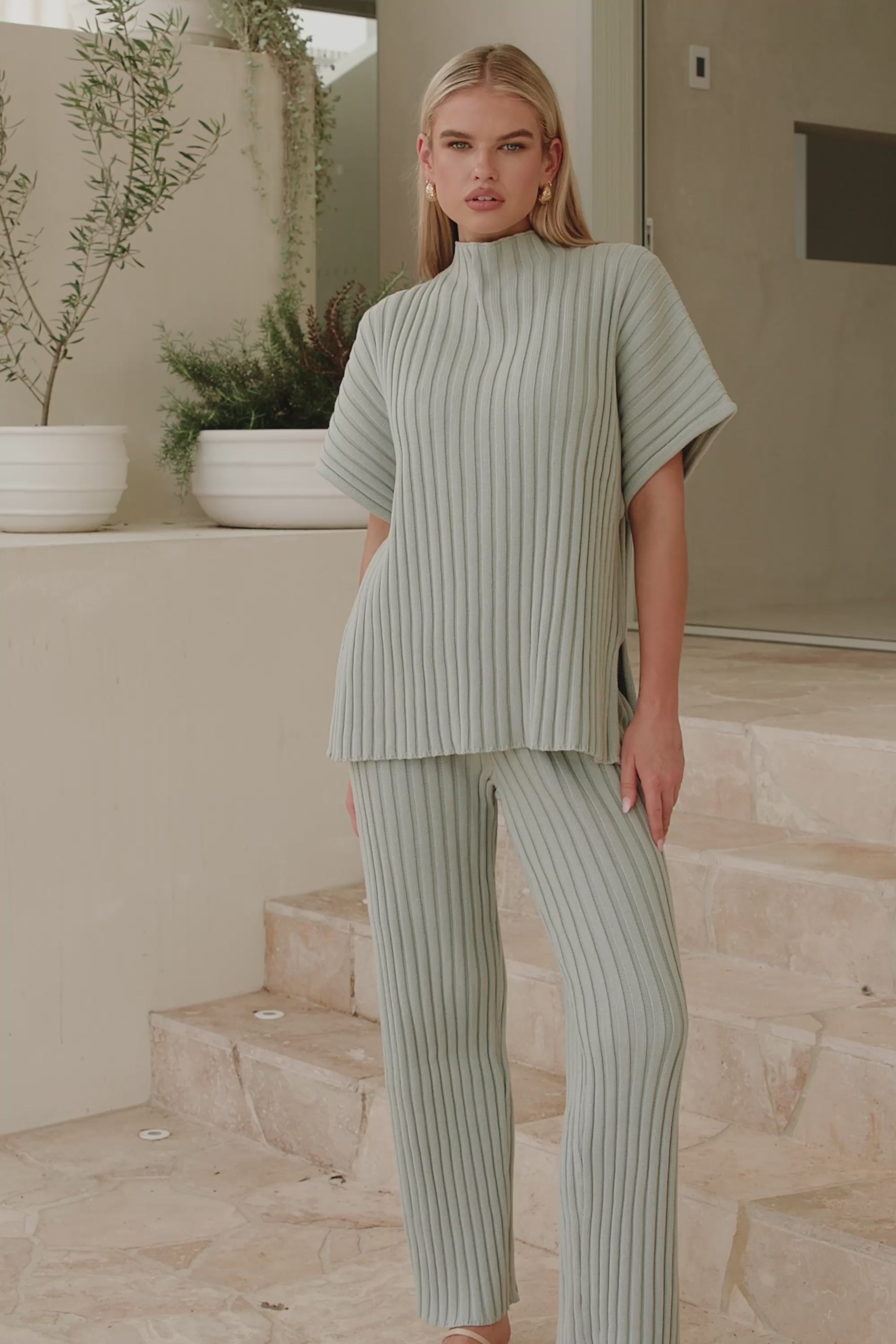 Grey Ribbed Knit High Waist Elastic Celine Pants