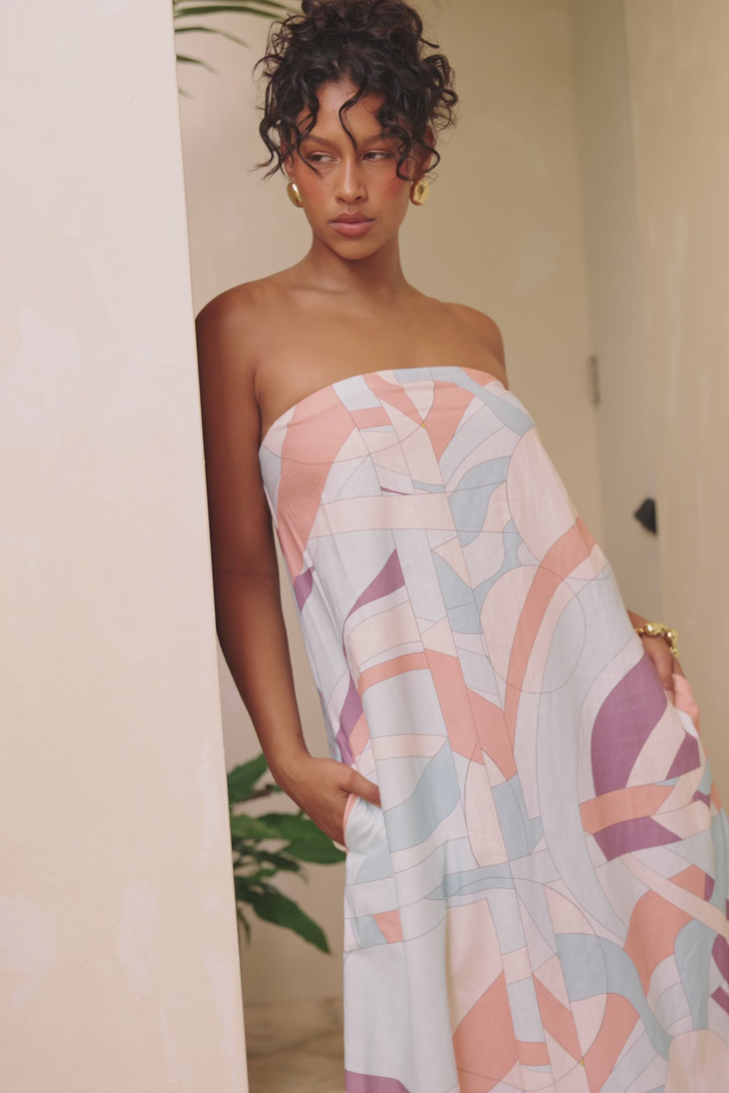 White Halcyon Print Strapless Maxi Noah Dress