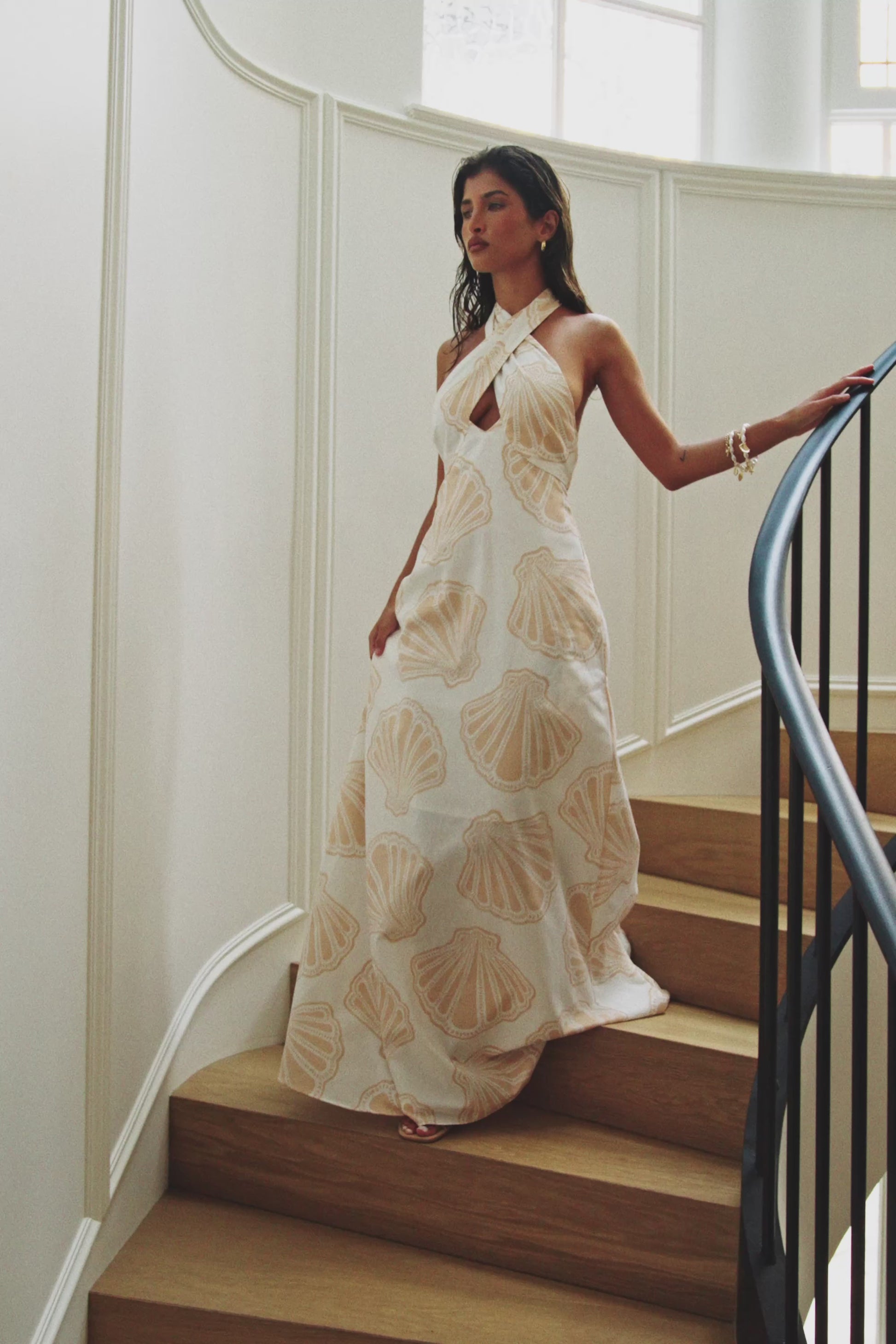 Cream Coastal Shell Cut Out Halter Maxi Aiko Dress