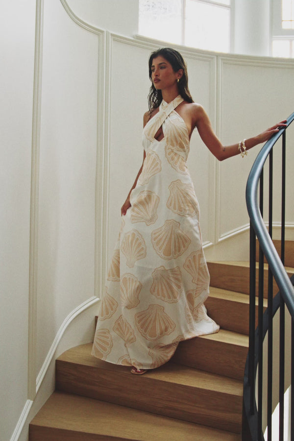 Cream Coastal Shell Cut Out Halter Maxi Aiko Dress