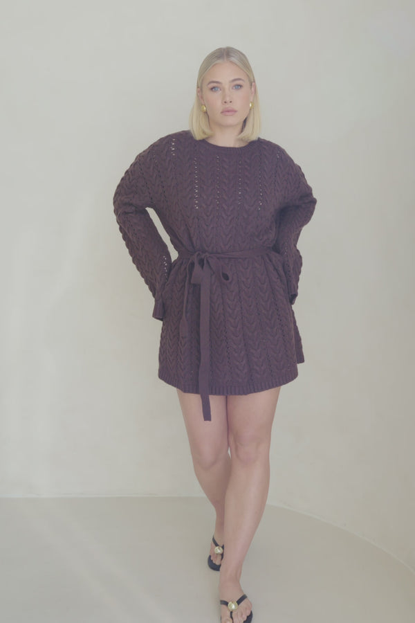 Brown Cable Knit Long Sleeve Tie Mini Sophie Dress
