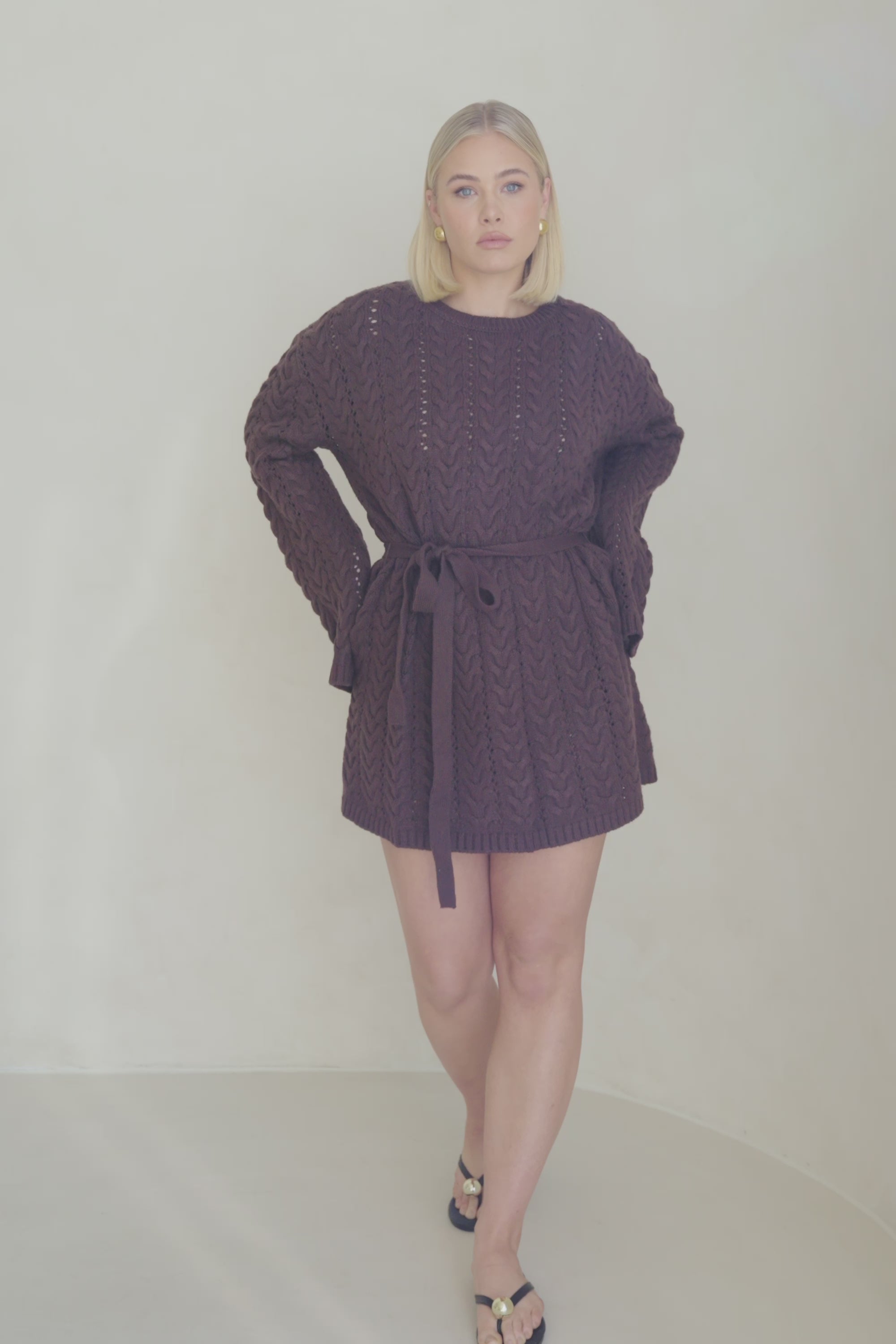 Brown Cable Knit Long Sleeve Tie Mini Sophie Dress