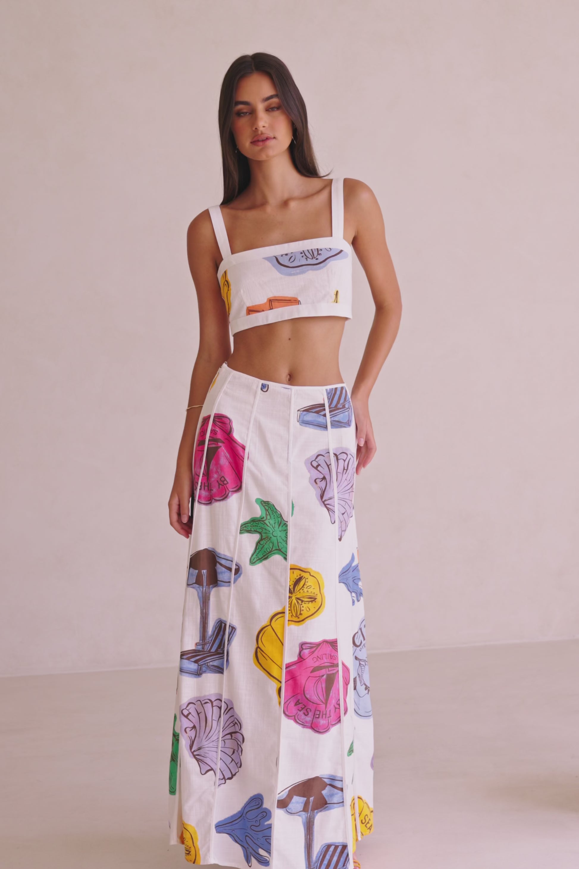 Audrey Panelled  Maxi Skirt - By The Sea Print White, Blue, Orange, Yellow, Pink, Green, Tropical