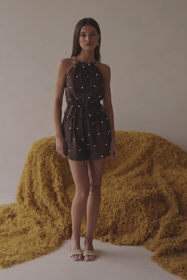 Chocolate Speck Polka Dot Halter Backless Adira Playsuit