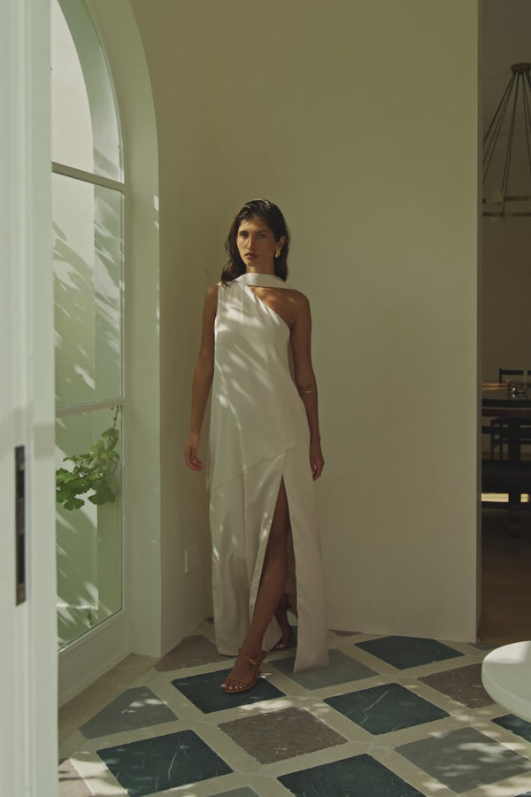 Champagne Scarf Asymmetrical Split Maxi Elise Dress