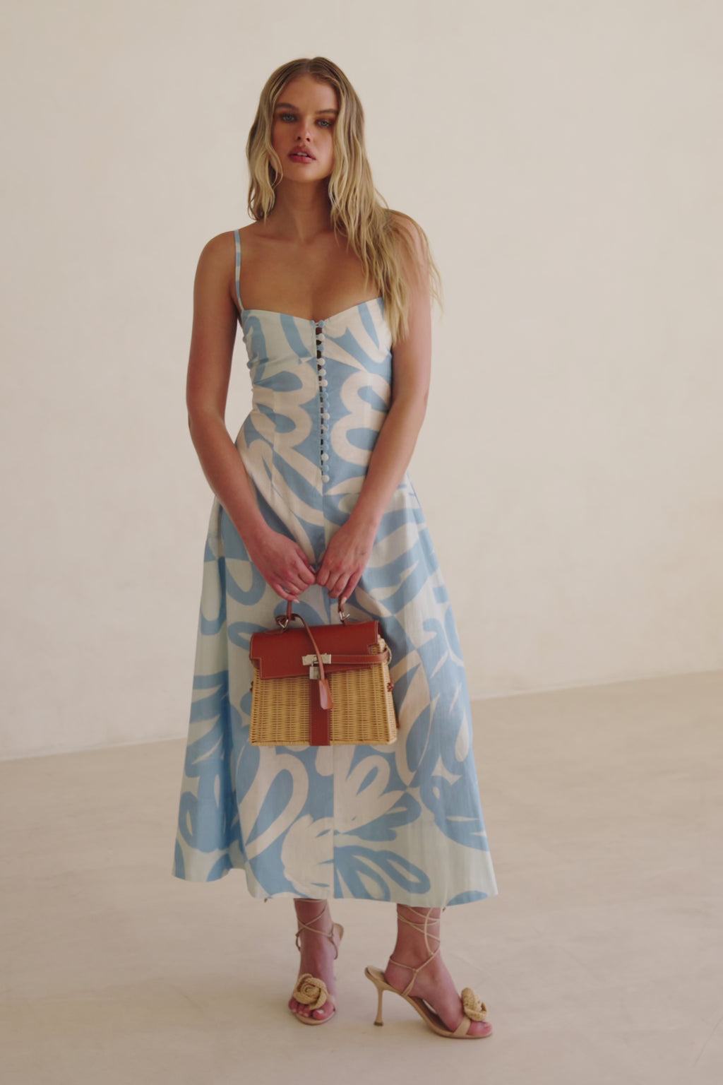 Blue Oceana Curve Print Button Strappy Maxi Jayla Dress