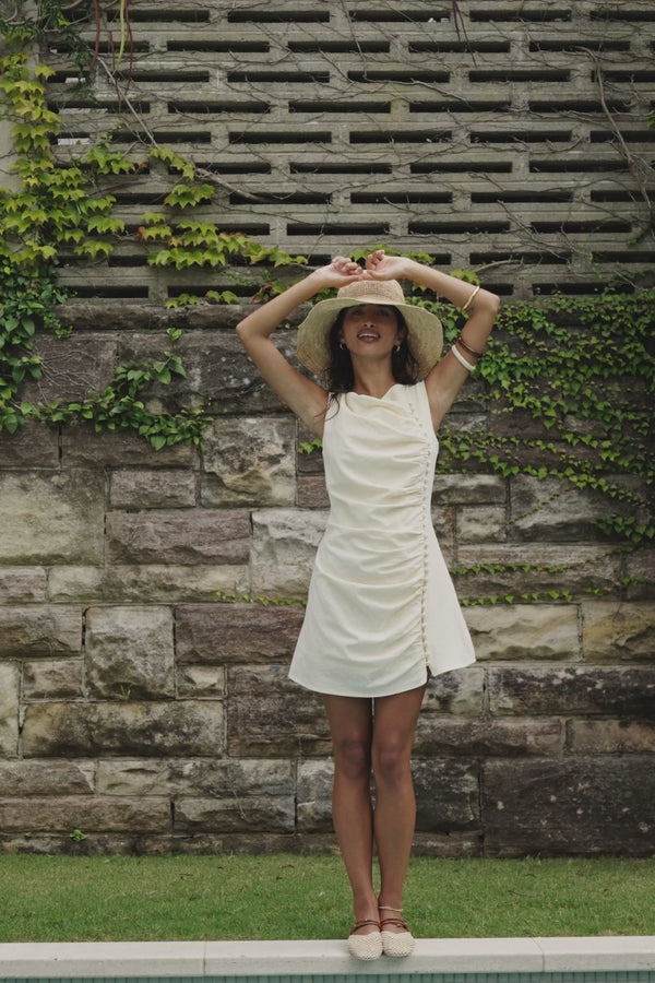 Cream Ruched Button Mini Alchemy Dress