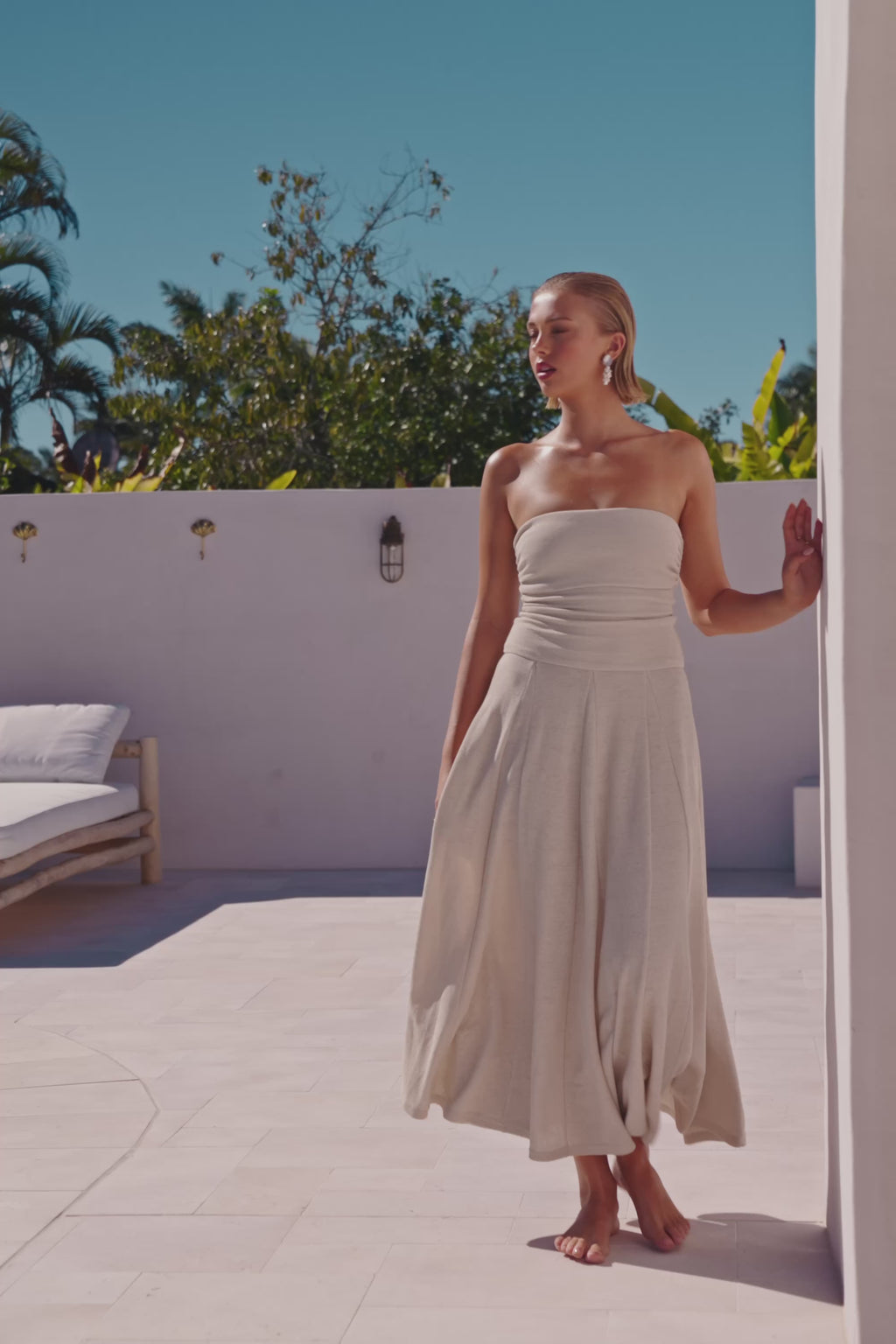 Beige Woven Strapless Pleated A Line Maxi Karalina Dress