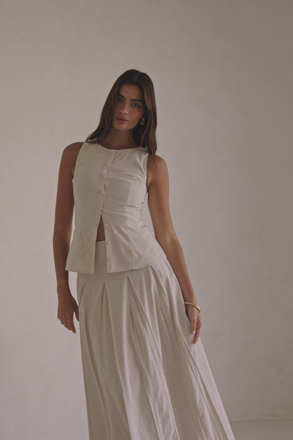 Beige Cotton Round Neck Button Up Panel Adri Top