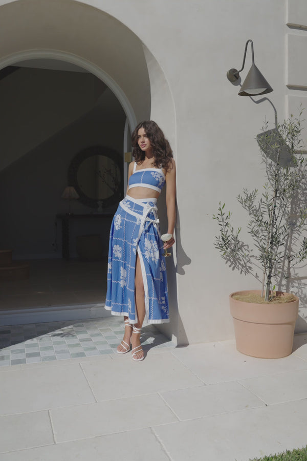 Blue and White Check Flower Estelle Crop Top