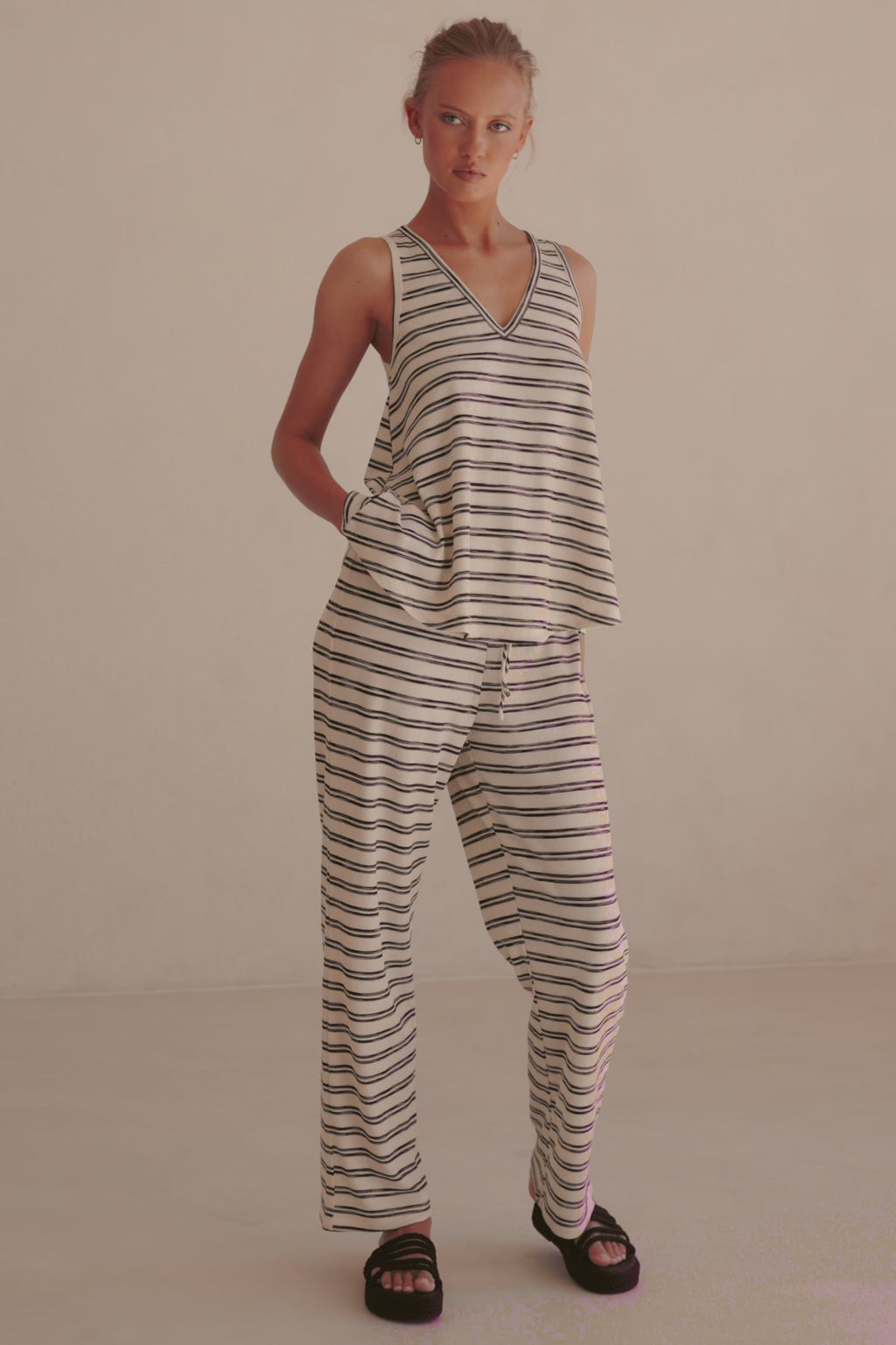 Black And White Stripe Relaxed Drawstring Lana Pants