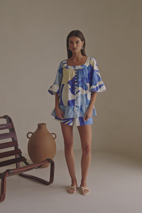 Valley Blue Print Puff Sleeve Button Elara Top