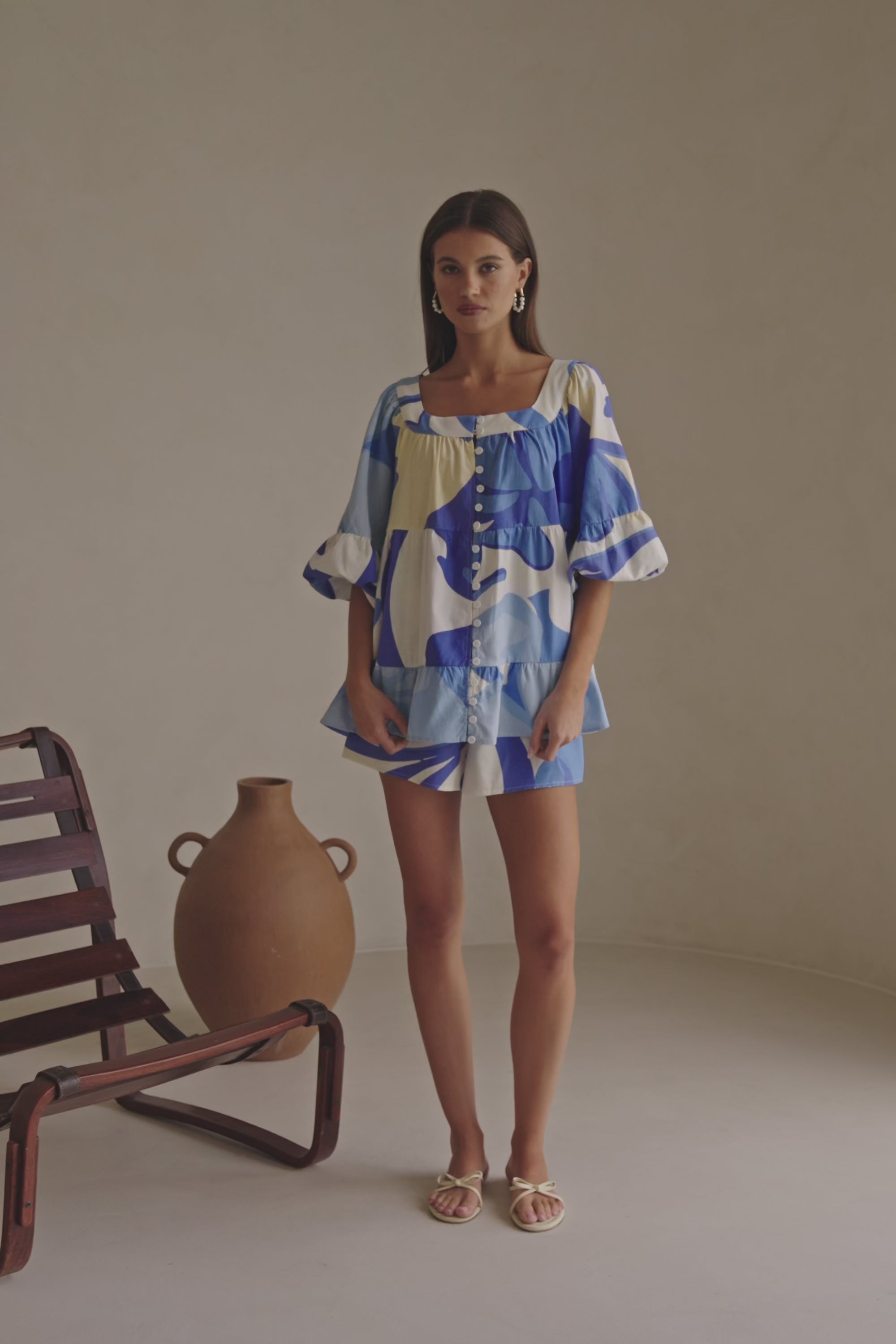 Valley Blue Print Puff Sleeve Button Elara Top