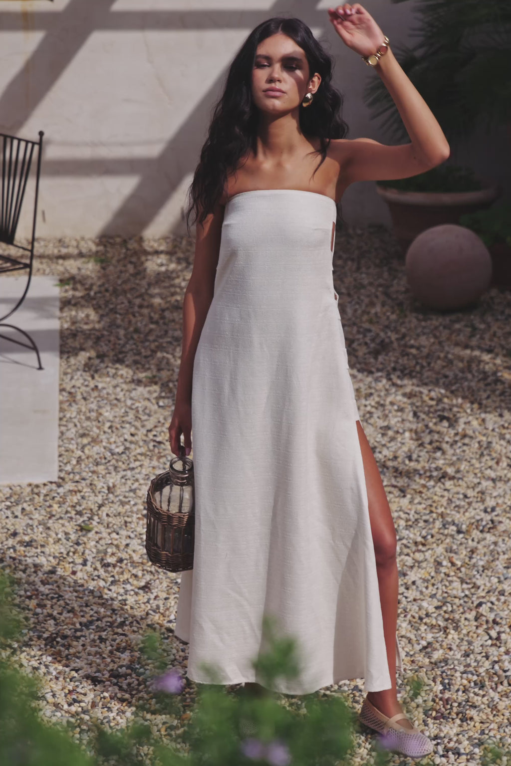 Beige Strapless Cut Out Side Split Maxi Belen Dress