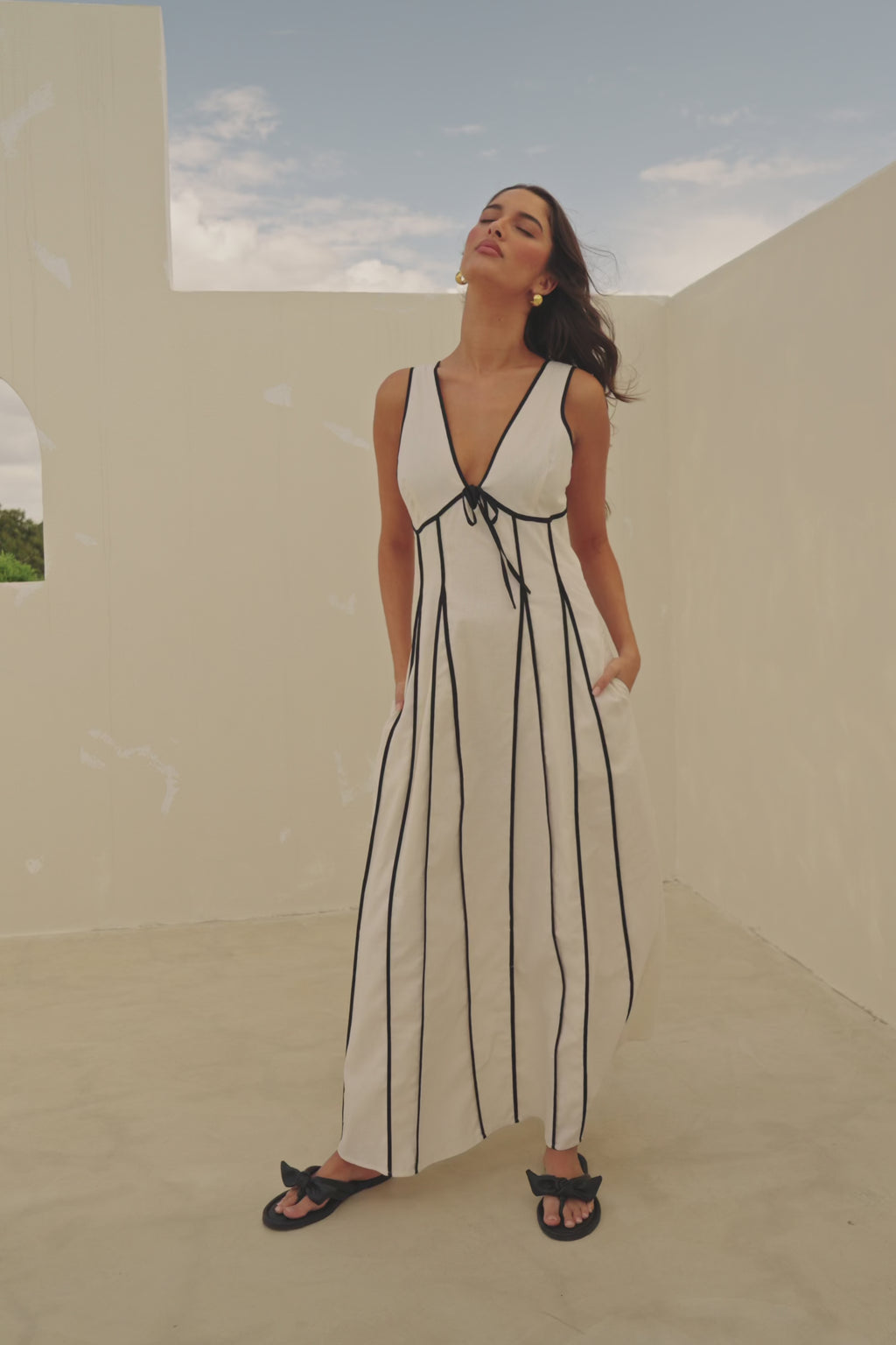 Maylin V Neckline Tie Maxi Dress - Cream, Black