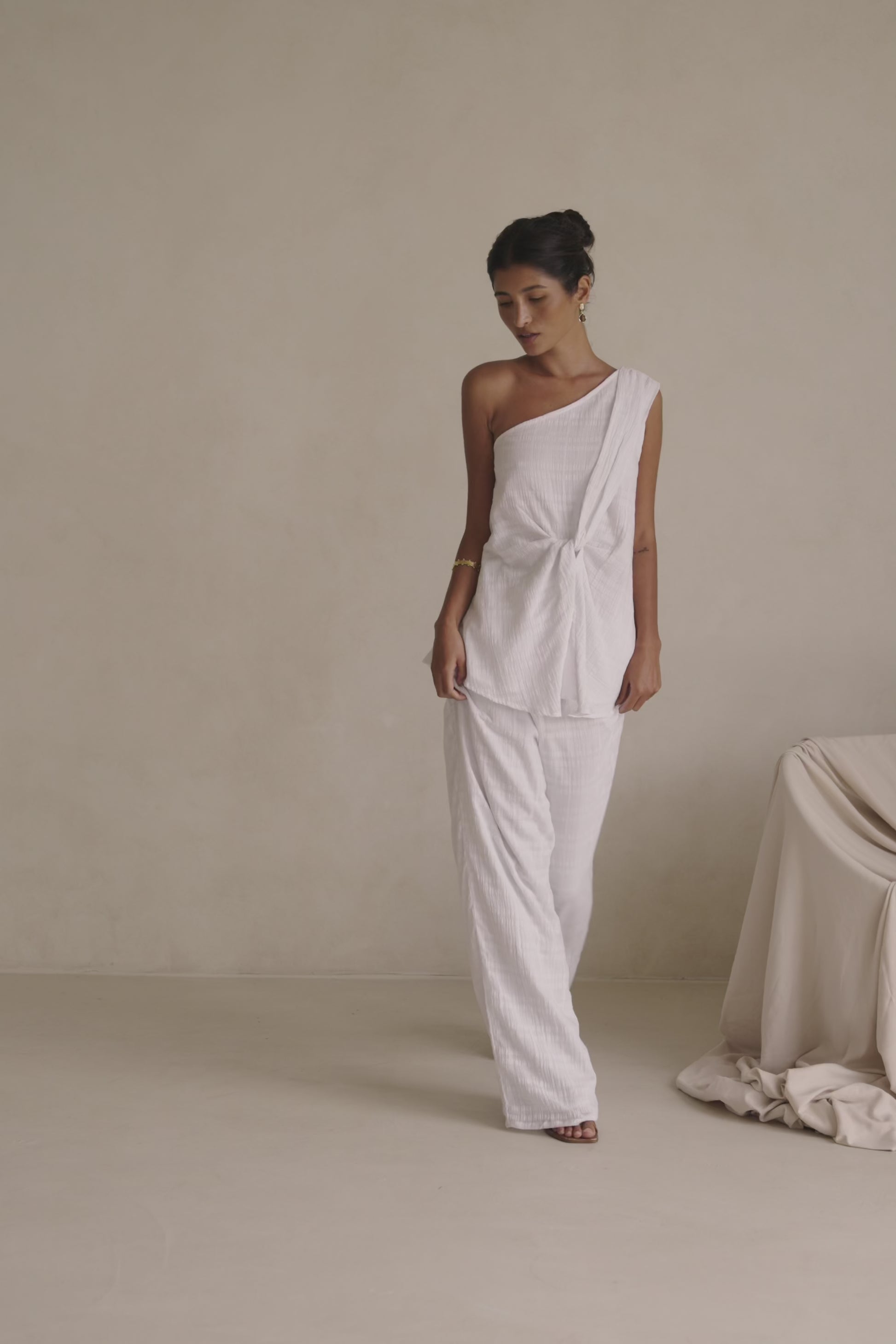 White Plaid One Shoulder Split Knot Sofia Top