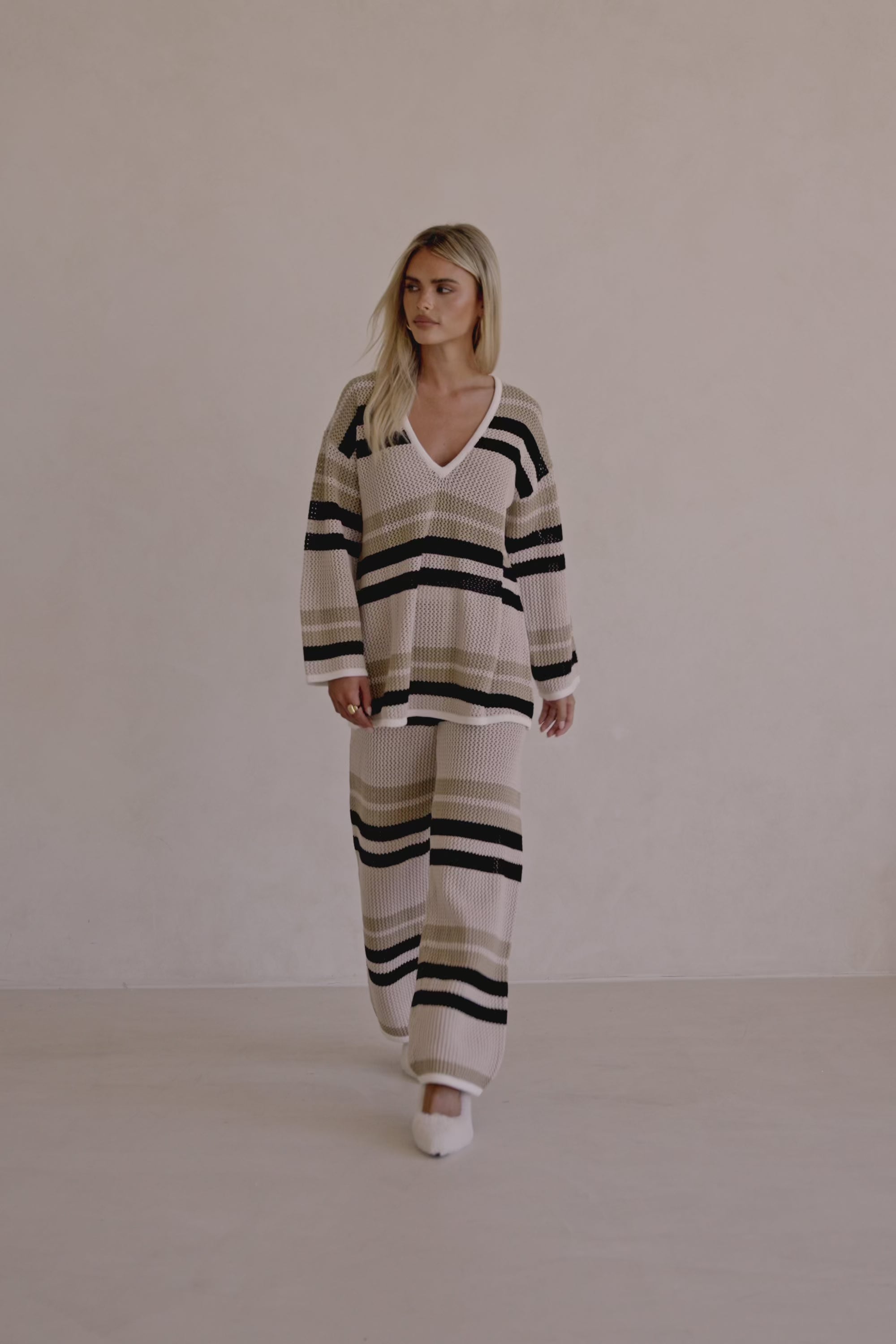 Tan Knit Long Sleeve V Neck Paityn Top