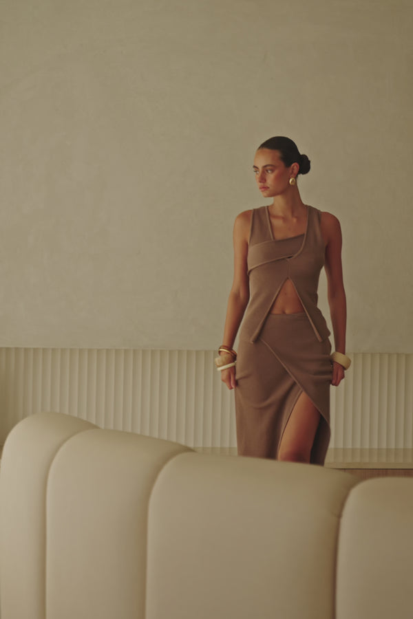 Bridget Split Knit Top - Chocolate Brown