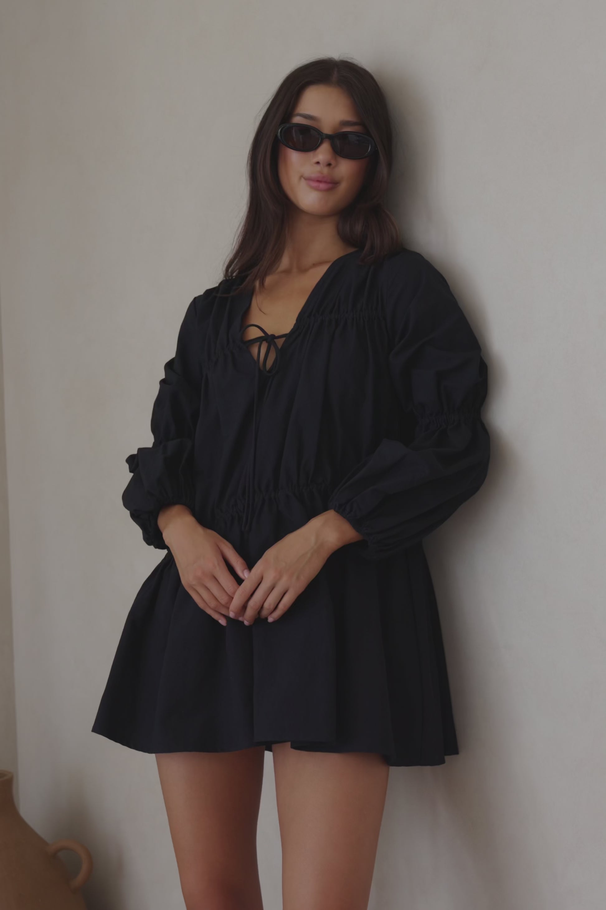 Ava Flounce Long Sleeve Mini Tie Dress - Black