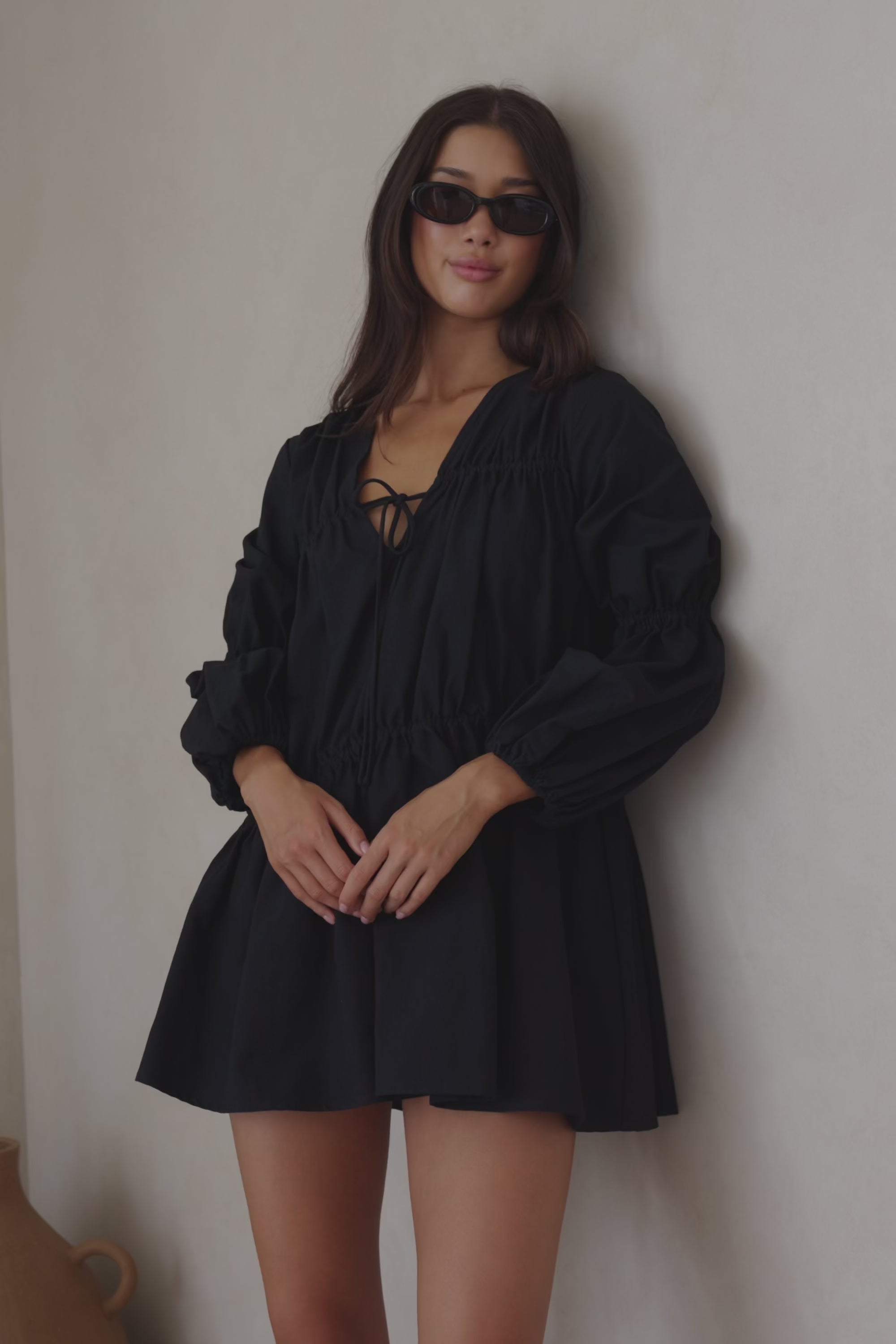 Ava Flounce Long Sleeve Mini Tie Dress - Black