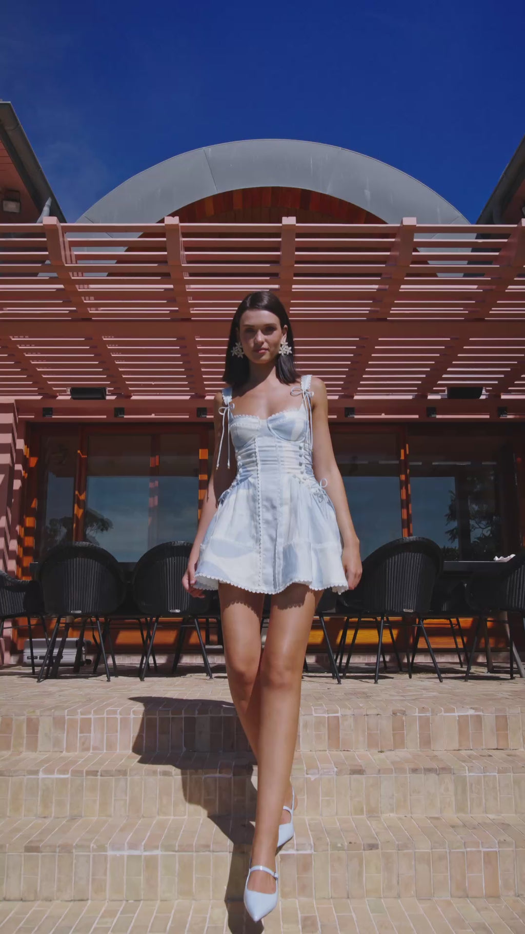 Nicolina Lace Flounce Mini Dress - Blue, White, Green Il Lido Print