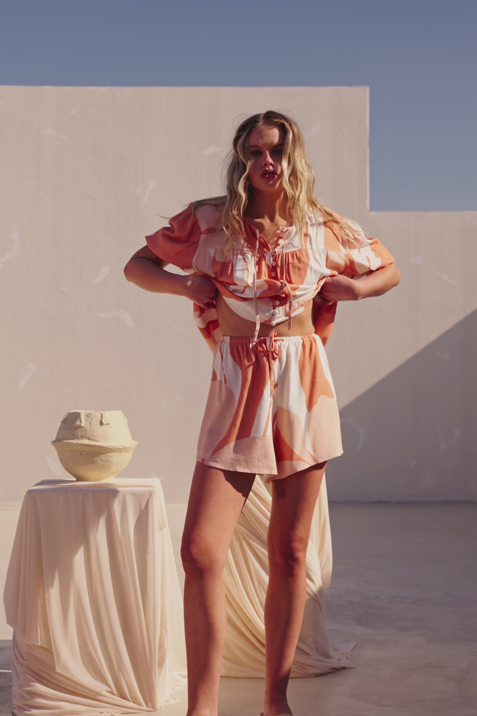 Peach Solanto Print Elastic Drawstring Ales Shorts