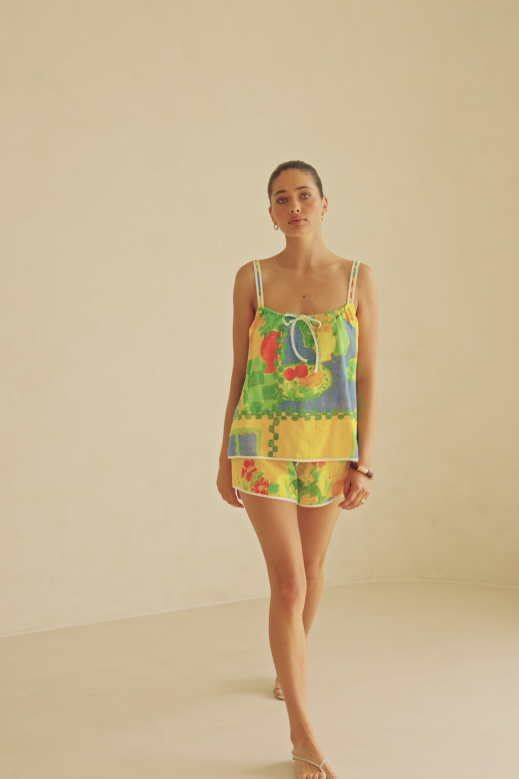 Jetta Front Tie Shorts -Green, Blue & Orange Morning Yellow Print