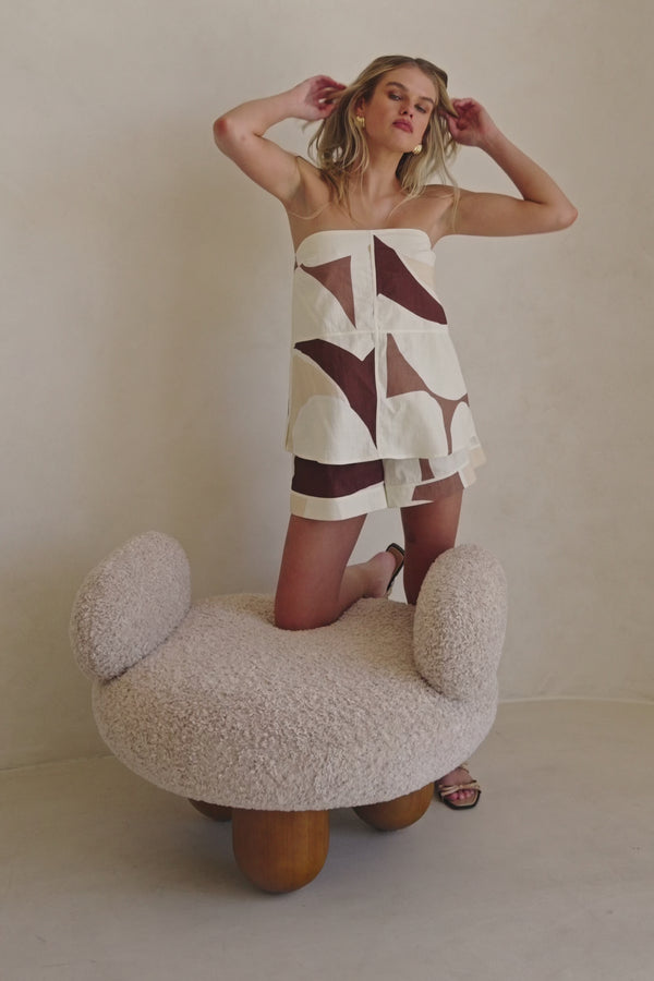 Brown Sable Floral Print Strapless Ria Playsuit