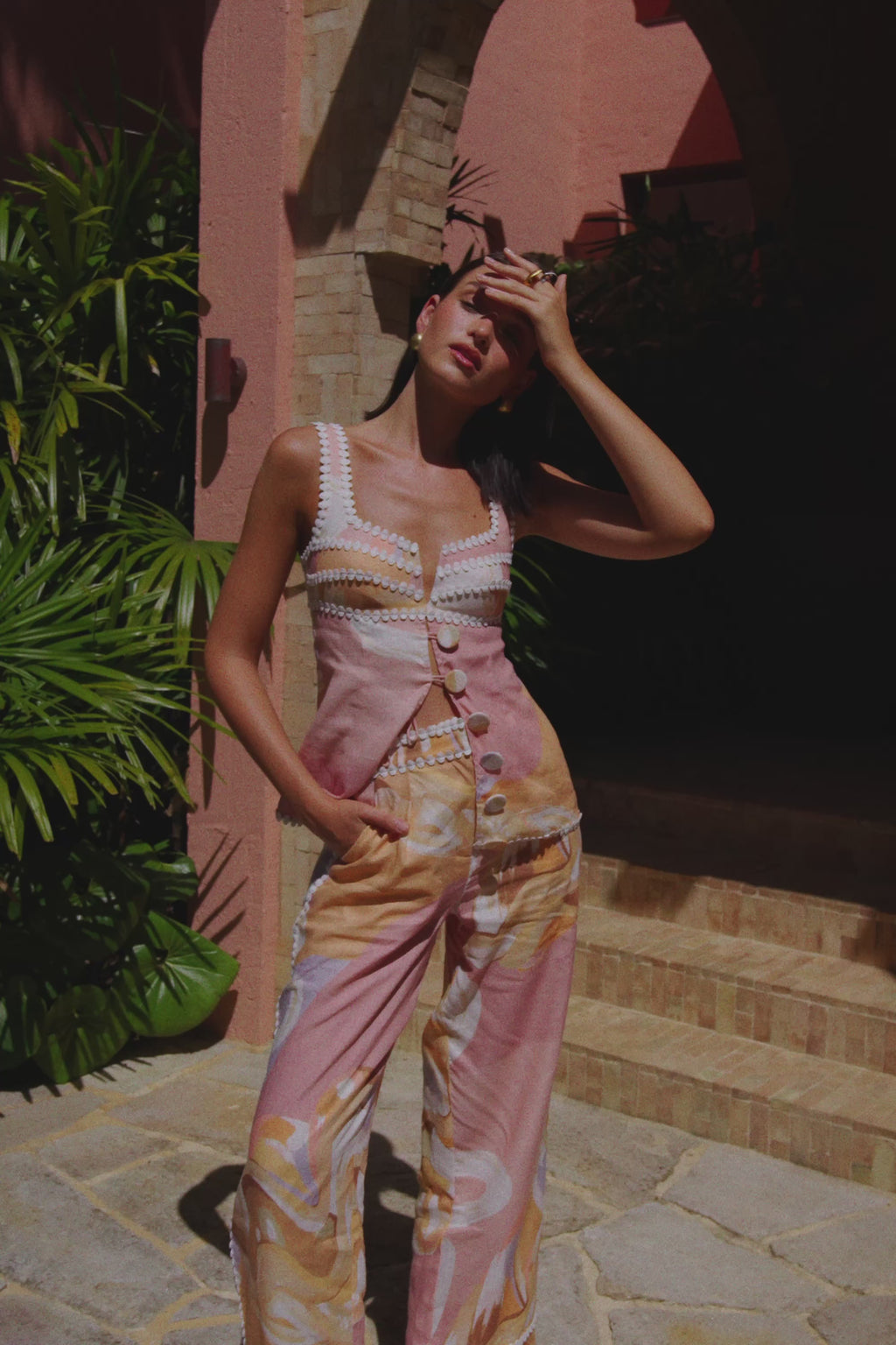 Pink Tramonto Print Lace Pocket Ragazza Pants