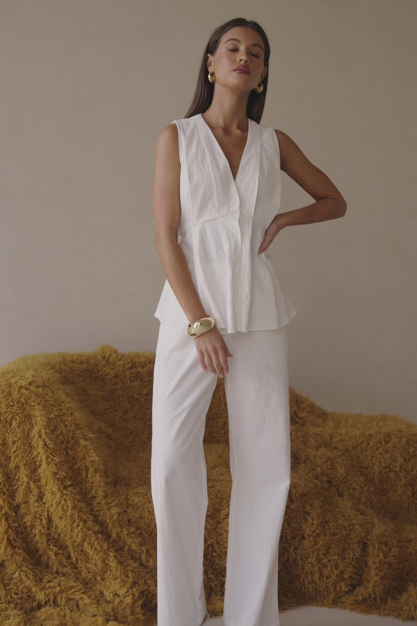 White Structured V Neck Pleated Vespera Top