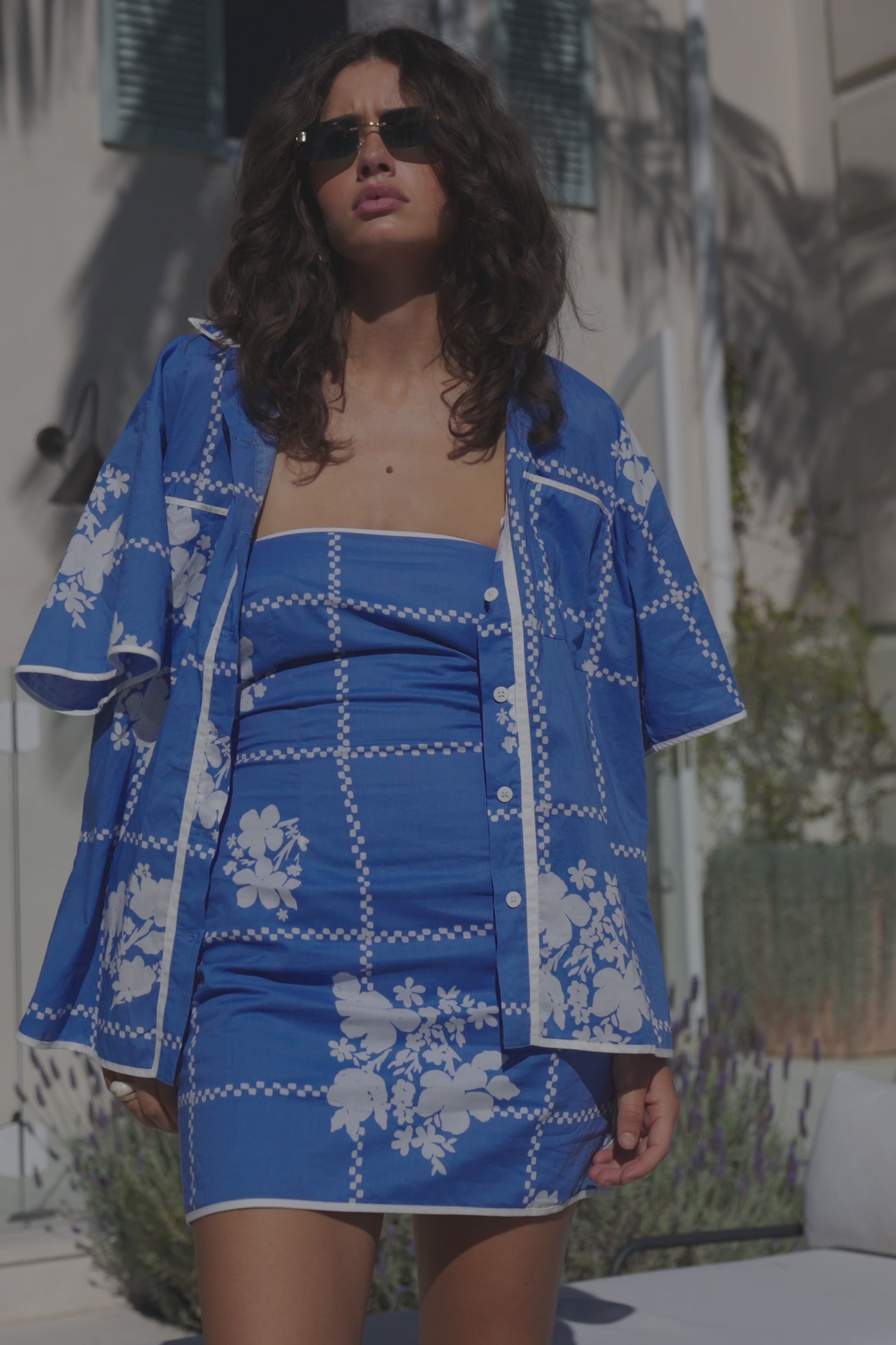 Amira Strapless Mini Dress - Postcard, Blue & White Check Flowers Print